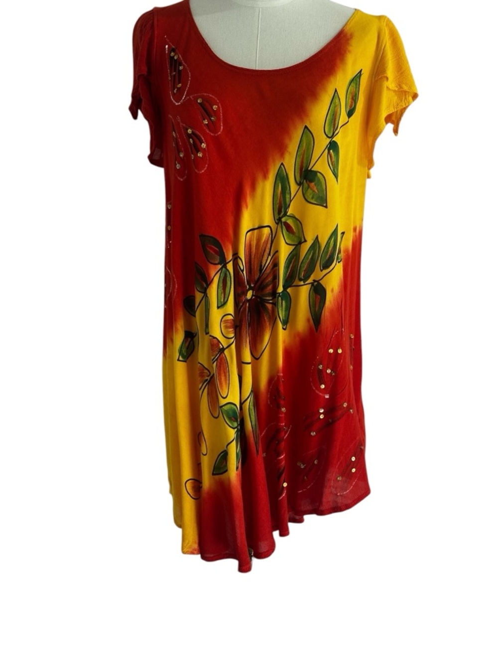 Sunflower Free Size Boho Sunset Tie-Dye Floral Hand-Painted Crinkle Rayon Dress